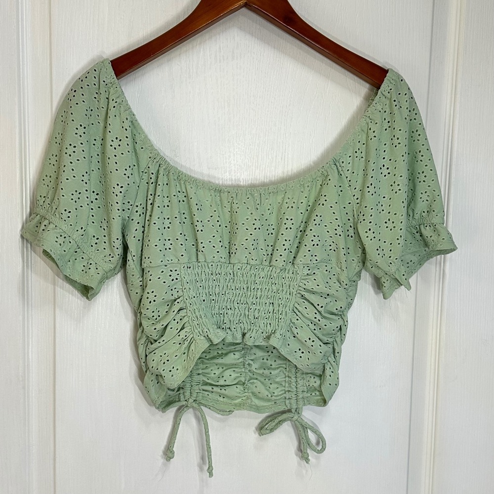 Urban Romantics Sage Green Eyelet Ruched Milkmaid Crop Top Smocked Back Large - Picture 4 of 7